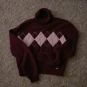 Burgundy Argyle Turtleneck Sweater